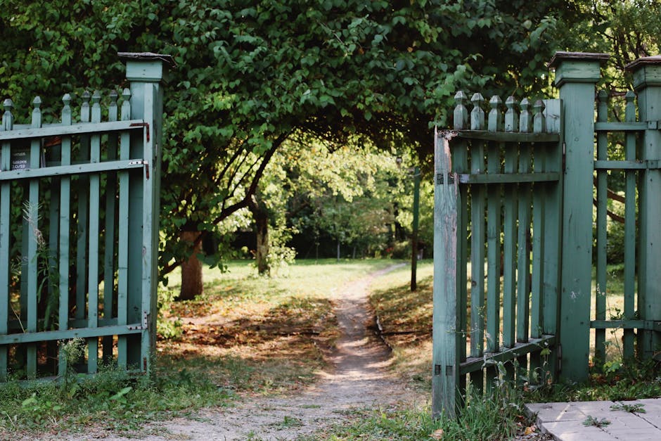 A weathered, light blue wooden gate with pointed finials on top, slightly open to reveal a narrow dirt pathway leading into a lush garden. The garden features a variety of trees with dense green folia